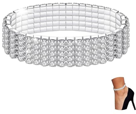 Kucheed Twinkle Diamond Anklets, Elastic Sparkling Rhinestone Foot Jewelry, Bling Tennis Ankle Bracelet Shining, Silver Crystal Bridal Bangle Anklet for Women(Silver - 5 Rows)