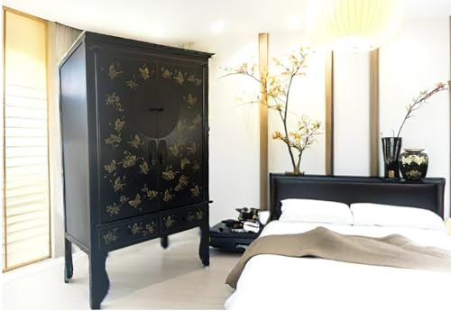 OPIUM OUTLET Cómoda asiática, armario chino, armario oriental negro, estilo colonial, estilo asiático, mueble de boda estilo vintage, totalmente montado