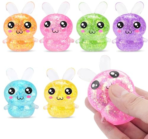 AONSOULE Easter Egg Filler for Teens Kids - 6PCS Glitter Sugar Squishy Toys, Bunny Stress Balls Easter Egg Stuffers for Adults