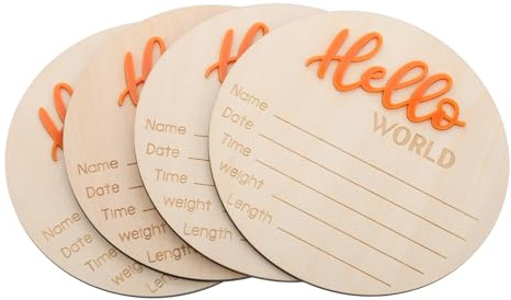Letrero de Madera Circular Naranja para Anuncio de Nacimiento, 4 Piezas | Madera, Formato Simple y Elegante, Pieza Decorativa para Nursery y Recuerdo Duradero