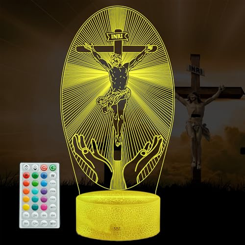 POSSHE Kreuz 3D Nachtlicht, Jesus Lampe, 16 Farben wechselnd, Fernbedienung mit Timer, Kids Room Decoration for Holiday Birthday Christmas