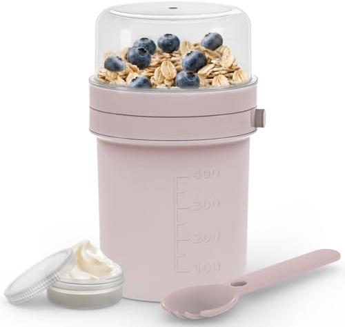 MRUN BONE Vaso para cereales To Go 450 ml + 250 ml, práctico vaso de yogur para llevar con tenedor y cuchara, taza de cereales a prueba de fugas, taza para trabajo, escuela, picnic (rosa polvo)