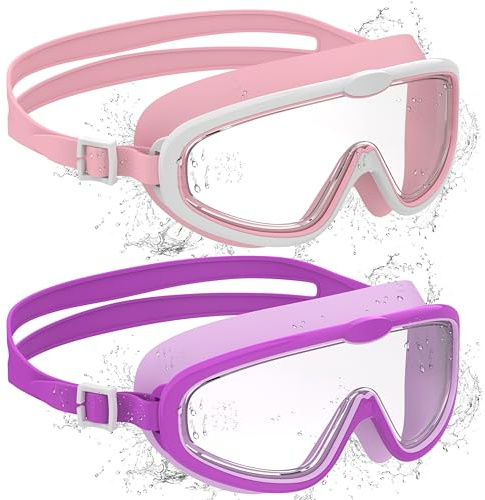 Ambienden 2 st barn simglasögon, anti-dimma med klar syn, UV-skydd, silikontätning, stor ram unisex simglasögon för barn 6–14 år, rosa lila