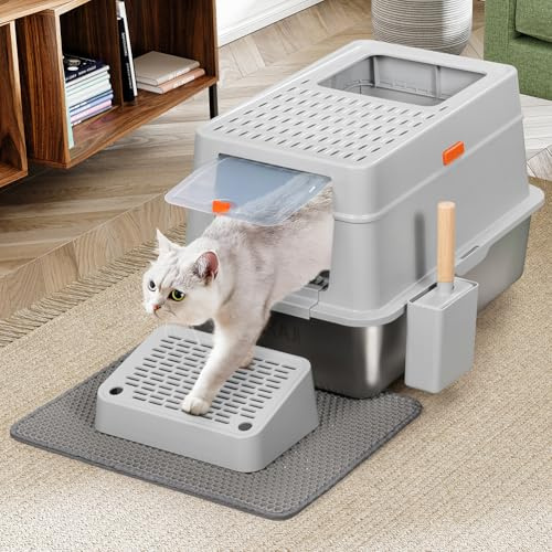 BAKAJI Lettiera per Gatti XXL con Base in Acciaio e Sportellino Bloccabile, Pedana Anti Sabbiolina, Paletta per Raccolta con Contenitore e Tappetino Antisporco, Capacità 35 Litri, 60 x 40 x 38.5 cm