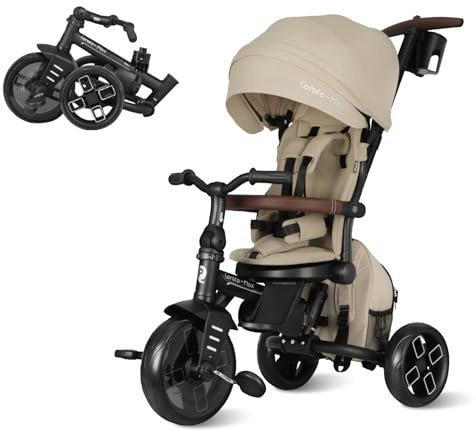 QPlay Toddler Bike Stroller for Baby 10 Months to 6 Years Old, 8-in-1 Foldable Stroller Bike for Toddlers 3-5 Boys & Girls Gifts Trike — Adjustable Handle, Triple Footrest, Canopy & Storage Bag