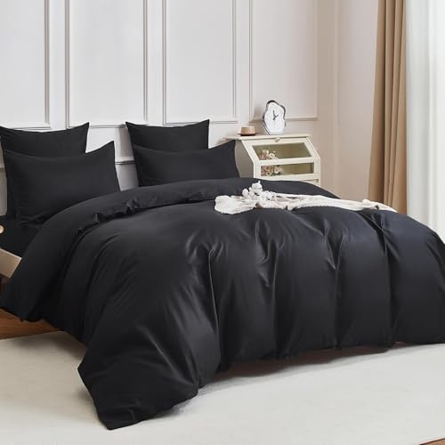 YASMENG Bettwäsche 200x200 Baumwolle Schwarz Uni Bettwäsche 100% gekämmte Baumwolle Kühlend Glatt Glänzend Weich Atmungsaktiv Bettbezug Set 3 Teilig mit Reißverschluss und 2 Kissenbezüge 80x80 cm