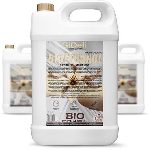 GiDeli Bioetanol 3 x 5 l de aroma a vainilla 96,6% etanol para chimeneas interiores y exteriores, sin humo ni hollín, de maíz y remolacha azucarera
