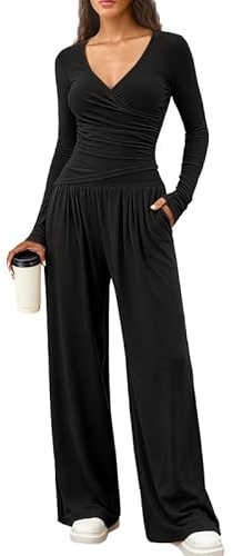Sukiglam Tvådelad dam elegant långärmad V-ringad träningsoveraller, smal passform, joggingdräkt, wrap topp och breda benbyxor med fickor, tracksuit lounge set, 2 delar, fritidsoverall, hemmadräkt