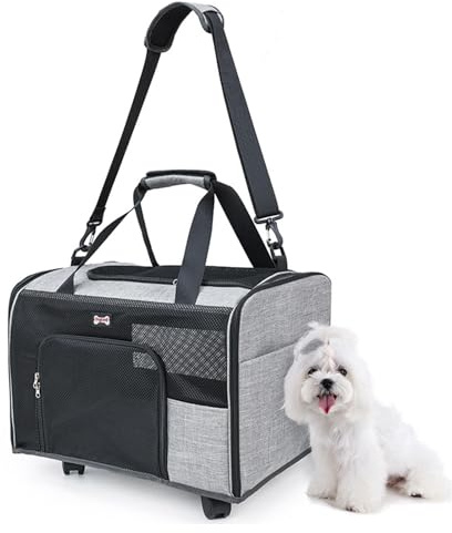 Hundetransportbox Mit Rollen – 47 X 38 X 30 Cm Große Transportbox Mit Großem Fassungsvermögen Und Rädern, Atmungsaktive Katzenbox Für Von Fluggesellschaften Zugelassene Reisen, Outdoor-Abenteuer Und D