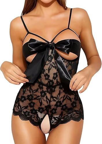 ZeaMolly Sexy Lingerie for Women Lace Bodysuit One Piece Naughty Lingerie Big Bownot Women's Soft Lace Teddy Underwear Deep V Bodysuit Leotard Naughty Sleepwear Negligee for Valentine's Day