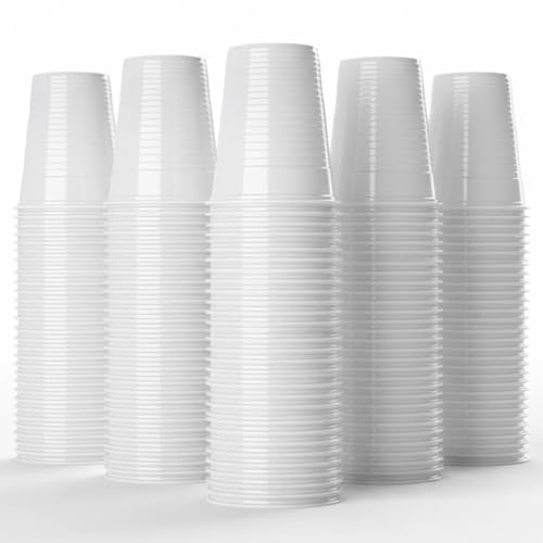 Weiße Kunststoff-Trinkbecher, 100 Stück, leicht, langlebig und einfach zu transportieren, ideal für Büro, Zuhause, Partys, Picknicks, ideal für Wasser, Saft, Limo, Cocktails, kalte Getränke, Einweg