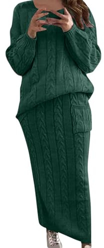 Générique Ensemble Jupe De Costume 2 Pièces pour Femme Ensemble Femme Pull Tricot Torsadé avec Longue Jupe en Tissu Chaud Confortable pour Saisons Automne Hiver (Green, XL)