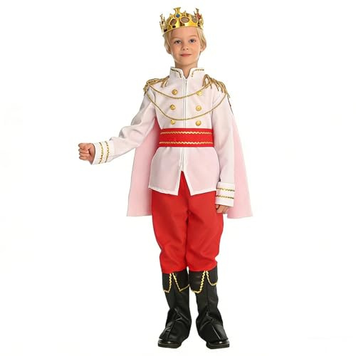Générique Costume King Prince Bambino 3-10 anni – Costume da mantello e corona dorata, completo (top, pantaloni, cintura) per feste in maschera, Halloween, carnevale e spettacolo scolastico, bianco