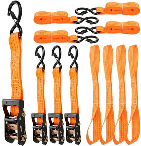GEARCELL Ratchet Tie Down Straps 3M 38mm 800kg 4pcs Heavy Duty Orange | Safety S hooks, break strength 800kg, securing motorcycles cargo moving trucks trailers, tension straps, adjustable load belt