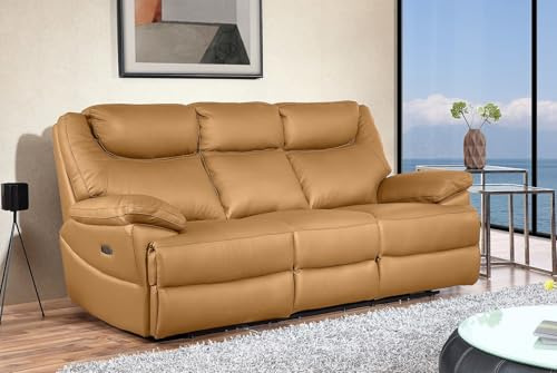 MAPO 3581 3-Sitzer Fernsehsofa elektrisch verstellbar | Relaxsofa aus Leder mit Verstellbarer Rückenlehne, Fuß- & Kopfstütze | Wohnzimmer Sofa | Hellbraun