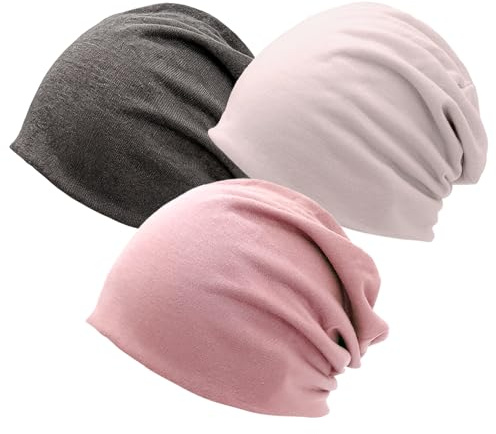 AgagaQx Chemo Kopfbedeckung Damen 3er-Set, Slouchy Beanie Damen Chemo Mütze, Leichte Beanie Mützen Dünn, Kopftuch Turban Caps Sommermütze Kopftücher für Krebspatienten Frauen-Rosa, Beige, Grau