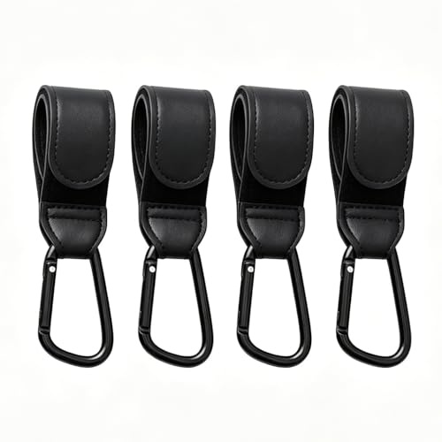 4 Pcs Crochet Poussette en Cuir Noir, Attache Sac a Langer Poussette Universel, Mousqueton Robuste pour Accrocher Sacs de Courses et Sac Poussette, Accessoire Poussette Pratique pour Parents