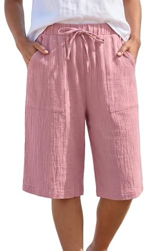 Kideerly Cotton Linen Ladies Shorts for Women UK, Pink Bermuda Womens Shorts, Long Knee Length Shorts Women, Summer High Waist Loose Five Point Pants Hiking, with Pockets