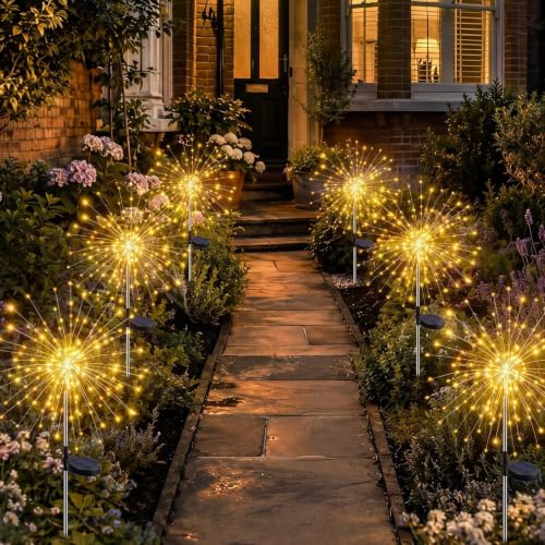 Fairdeer Solar Firework Lights Outdoor Garden, 6 Pack Warm White 120 LED Solar Starburst Garden Stake Lights with 8 Modes, Waterproof Decorative Pathway Lights for Garden, Patio, Lawn & Flower Beds