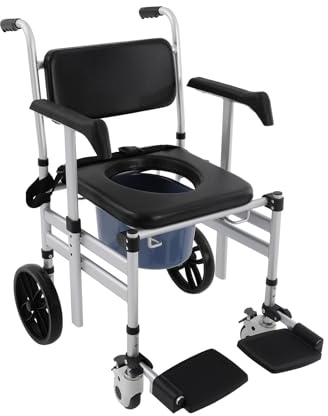 Silla de ducha con ruedas, silla de inodoro para personas mayores, plegable y regulable en altura, marco de aluminio inoxidable e impermeable, asiento ancho y suave con respaldo