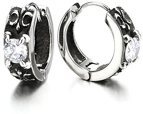 Vintage Anneau Boucle d'oreille Charnière - Créoles Homme Femme - Acier Inoxydable avec Zircone Cubique et Fleur de Lis