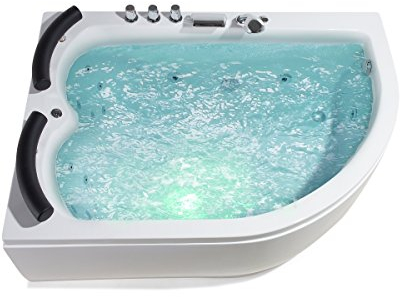 XXL Whirlpool Badewanne Palermo - 159x113 cm – 15 Massage-Düsen, LED-Farblichttherapie, Wasserfall, Eckwanne für 2 Personen, freistehend, Hot Tub Spa Indoor– Schwarz/Weiß, Linke Eckmontage