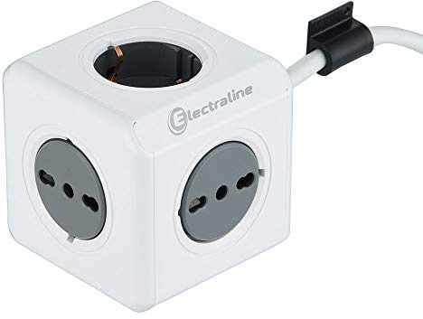 Electraline 62044 Multipresa Cubo Powercube 5 posti 2 Schuko + Spina Italiana, 3 Bivalenti 10/16A Italiane, Colore Bianco, Cavo 1,5M