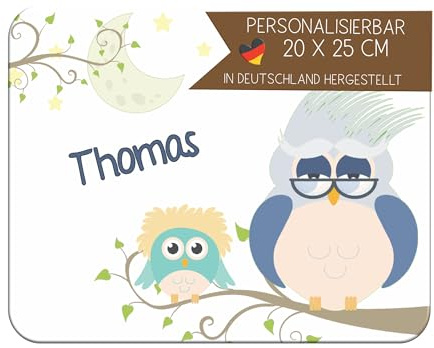 CreaDesign, Frühstücksbrettchen Kinder mit Namen personalisiert, Brettchen Kinder Kunststoff Eule Opa, Antirutsch-Noppen, Größe 20 x 25 cm