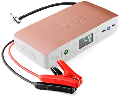 HALO Bolt Air 58830 Portable Car Battery Jump Starter | 100 PSI Air Compressor, 58.8Wh USB Power Bank, Emergency Floodlight & Charger, Jump Cars SUVs & Trucks, Inflate Tires, TSA Approved — Rose Gold