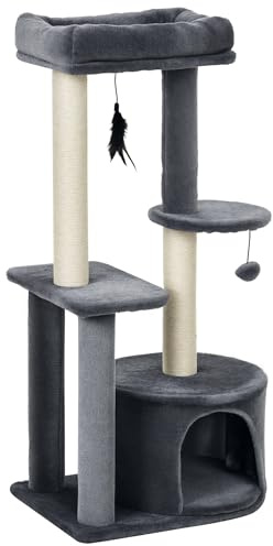 PawHut Arbre à Chats avec griffoirs grattoirs sisal Naturel Centre d'activités Niche Plateformes 2 Jouets Suspendus Gris