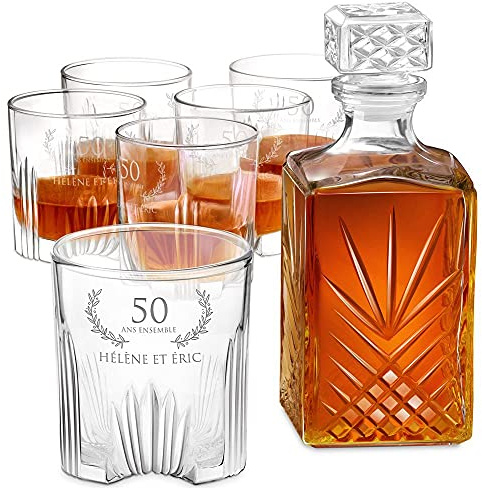 Maverton Carafe whisky et 6 verres gravés - Ensemble en cristal - Cadeau d’anniversaire pour parents - Whisky set avec personnalisation pour couple - Ensemble