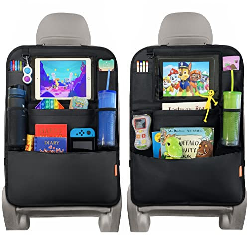 Huckaboo Car Seat Organiser - Kids Back Seat Organiser, Storage Pockets, Screen Holder, Black, 2 Pack