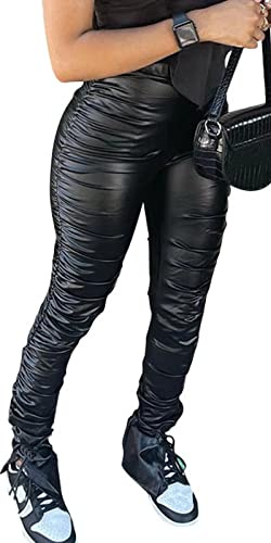 Women Black Leather Pants Sexy High Waisted Bodycon Party Tights Split Legging Trousers Black XL