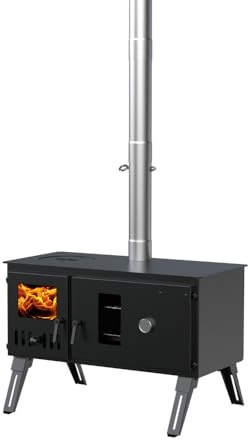 DWD® Ashdown Camping Stove Outdoor Portable Wood Log Burner Double Oven complete with Flue, Spark Cap, Oven Shelf Large Glass Window on FireBox Stainless Steel Flue Pipe