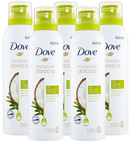 5x Dove Mousse Doccia Con Olio di Cocco Morbidezza e Nutrimento 24h - 5 Flaconi da 200 ml