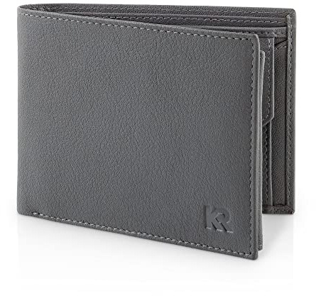 KRONIFY Atlas Herren Geldbeutel aus Leder mit RFID Schutz I Echtleder Portmonee mit Münzfach in I Geldbörse für Männer in Blau Grau mit Geschenk Box
