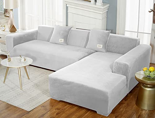 GUYIRT Superstretch Sofabezug L Form Samtplüsch Couchbezug Modulare Sofabezug Sofa Überwürfe Mit Elastischem Boden Möbel Protector Für Wohnzimmer -hellgrau-2-Sitzer + 3-Sitzer