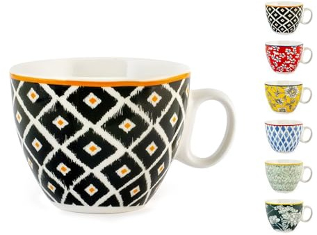 H&H Colourful - Juego de 6 tazas de té New Bone China, cc230, sin plato, decoración y colores surtidos, modernos y elegantes