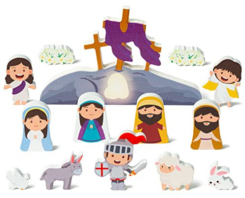 WATINC 14PCS Easter Table Decoration Table Centerpieces Wood Crafts Decoration Easter Wooden Table Sign Decorations Nativity Scene Jesus Party Accessories Wooden Crafts for Home Living Room