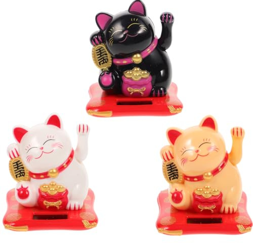 Garneck 3Pcs Maneki Neko Cat Figurines Solar Waving Arm Lucky Cat Money Cat Statues for Home Office Car Feng Shui Décor