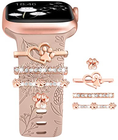 (Strap Included) Charms Ring Loops Compatible with Apple Watch Straps 41mm 40mm 38mm 42mm Sport Silicone Engraved Dandelion Strap for iWatch Series 11 10 9 8 7 6 5 4 SE 3 2 1, Milk Tea/Love