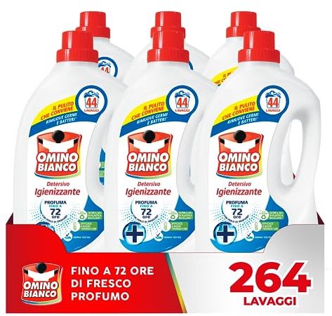 Omino Bianco Detersivo Lavatrice Igienizzante, 264 Lavaggi, 1760 ml x 6 | Igienizza i capi e rimuove germi e batteri*,dona un fresco profumo che dura a lungo, rispetta colori e tessuti