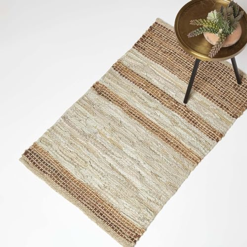 Homescapes Lederteppich braun beige gestreift 60x90 cm, Webteppich Braun-Töne aus Recycling-Leder & Jute