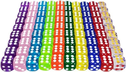 ZMDMAH 6 sidor tärningsset, 100 stycken dice set 16 mm sexsidig kub genomskinliga färger akryl polyester tärningar speltärningar bordsspel för spel och fest