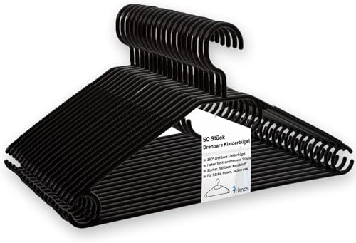 Großpackung Schwarze Kleiderbügel 50 Stück - Platzsparende, Drehbare Haken, Stabile Kunststoff Bügel, Perfekt für die Komplette Garderobe, 100% Recycelbares Material, Made in EU