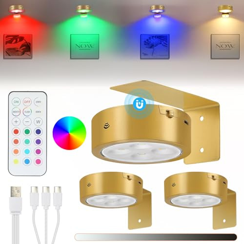 Lightsjoy LED Bilderleuchte Kabellos 3Pack Bilderleuchte Akku USB Aufladbar Goldene RGB Dimmable Bilderrahmen Beleuchtung licht mit Fernbedienung, Dart Beleuchtung magnetische Bilderlampe mit Timer