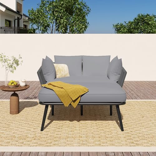 Zravenna Gartenlounge Outdoor Sonnenliege 2 Personen, Gartensofa mit 2 Kissen und 2 Polster, Sonneninsel Wetterfest, Terassenmöbel Balkon Lounge Möbel (Grau)