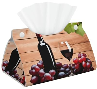 Taschentuchbox-Abdeckung, doppelseitig, Leder, für Schreibtisch, Zuhause, Spa, Büro, Badezimmer, Schlafzimmer, Schminktisch, Nachttisch, Schreibtisch, Auto, Rotwein-Galssen und Trauben, mit Holzbild