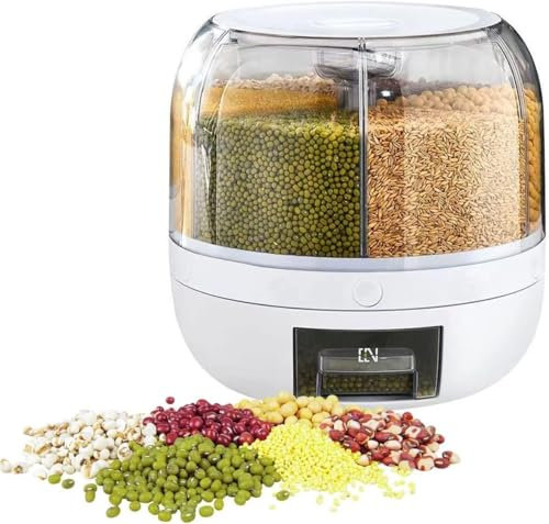 6-Grid Round Food Dispenser, 360° Rotating, 5kg Capacity, Dry Food Storage Container with Lid Divided,Cereal Container,Containers For Rice, Cereals, Grains, Flours, Pet Food,Rice Dispenser 10 kg