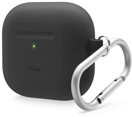 elago Silikonfodral kompatibelt med AirPods 4 fodral – karbinhake ingår, stöder trådlös laddning, stötsäker, fullt skydd, hörlurstillbehör (svart)